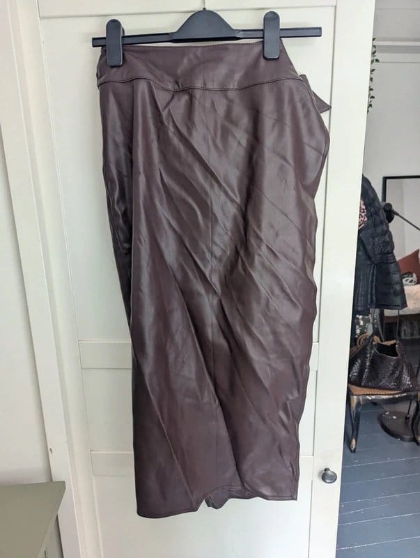 Never Fully Dressed Vegan Leather Wrap Skirt in Chocolate Brown