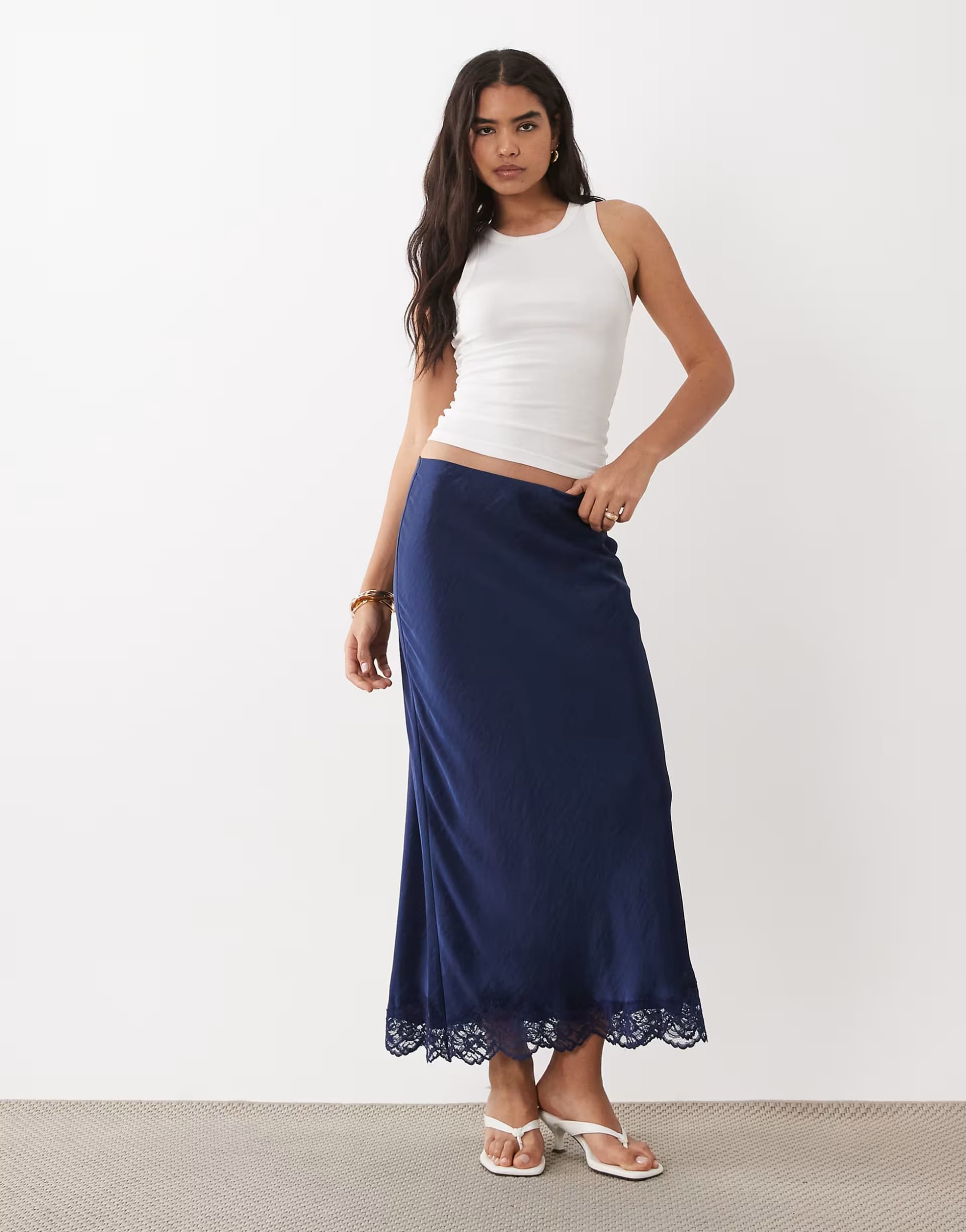 Abercrombie & Fitch Navy Satin Lace Hem Maxi Skirt