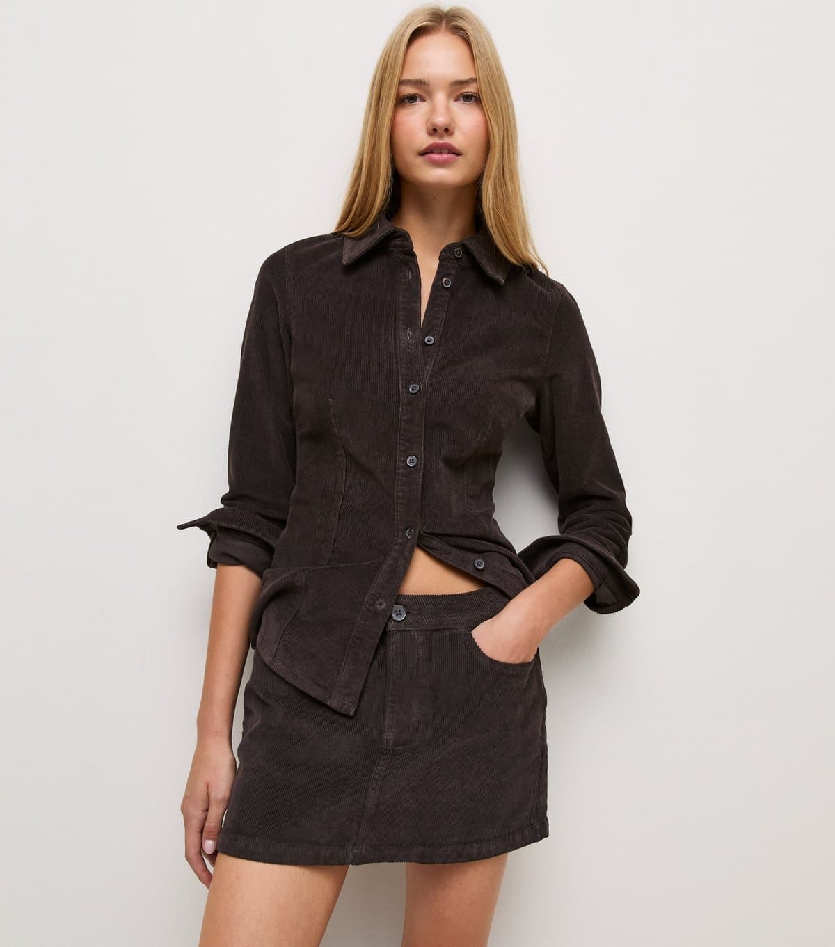 New Look Women's Dark Brown Cotton Rich  Micro Corduroy Mini Skirt New Look
