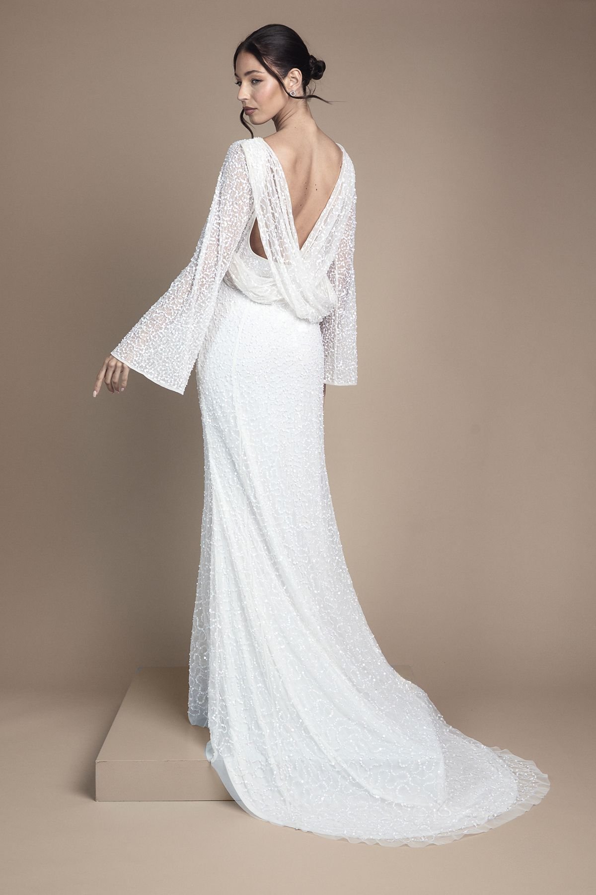 Coast Coast Women's Long Sleeve Flare Sleeve Cowl Back Sequin Wedding Dress in Ivory - 3