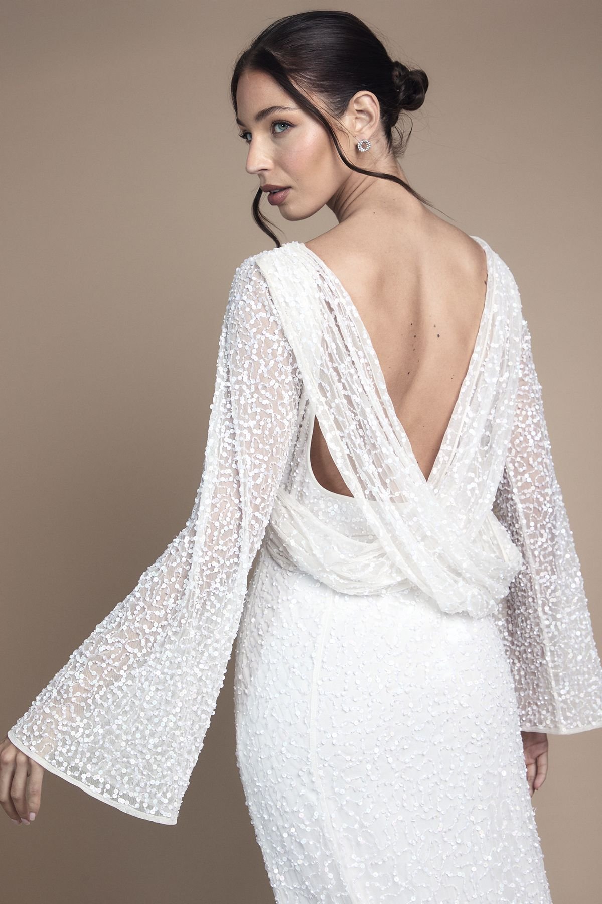 Coast Coast Women's Long Sleeve Flare Sleeve Cowl Back Sequin Wedding Dress in Ivory - 4