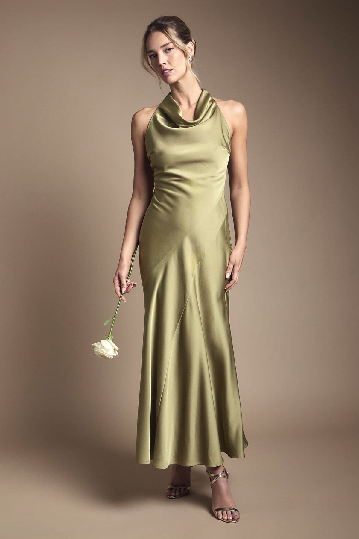Oasis Oasis Women's Petite Cowl Halterneck Satin Maxi Bridesmaid Dress in Olive