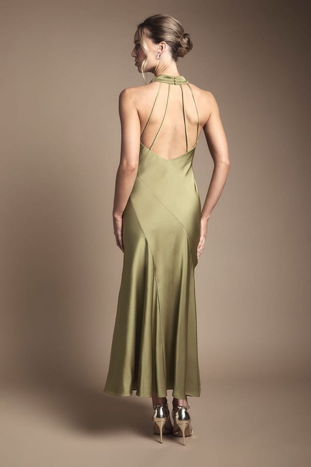 Oasis Oasis Women's Petite Cowl Halterneck Satin Maxi Bridesmaid Dress in Olive - 3