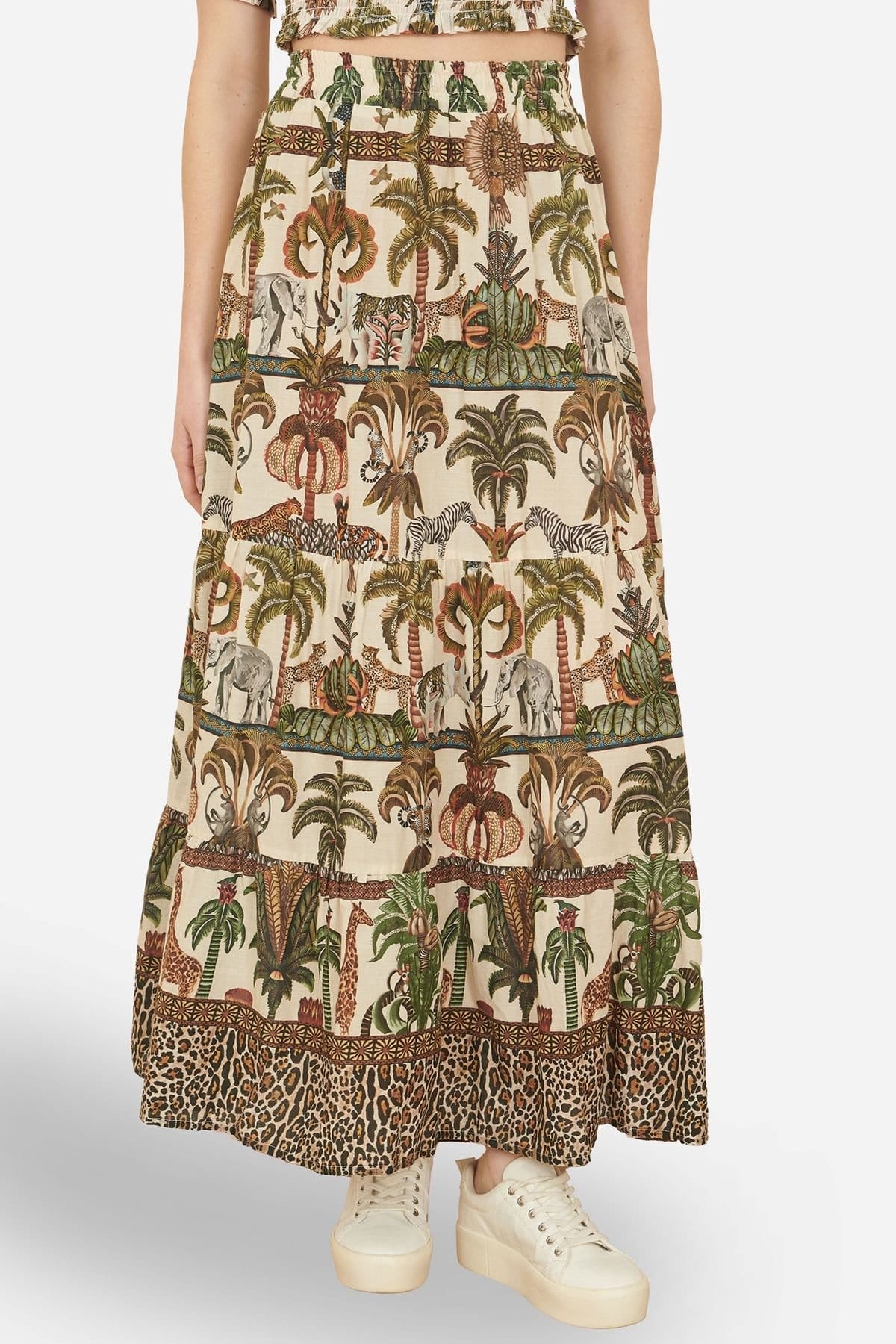 Yumi Women's Ecru Safari Print Midi Skirt