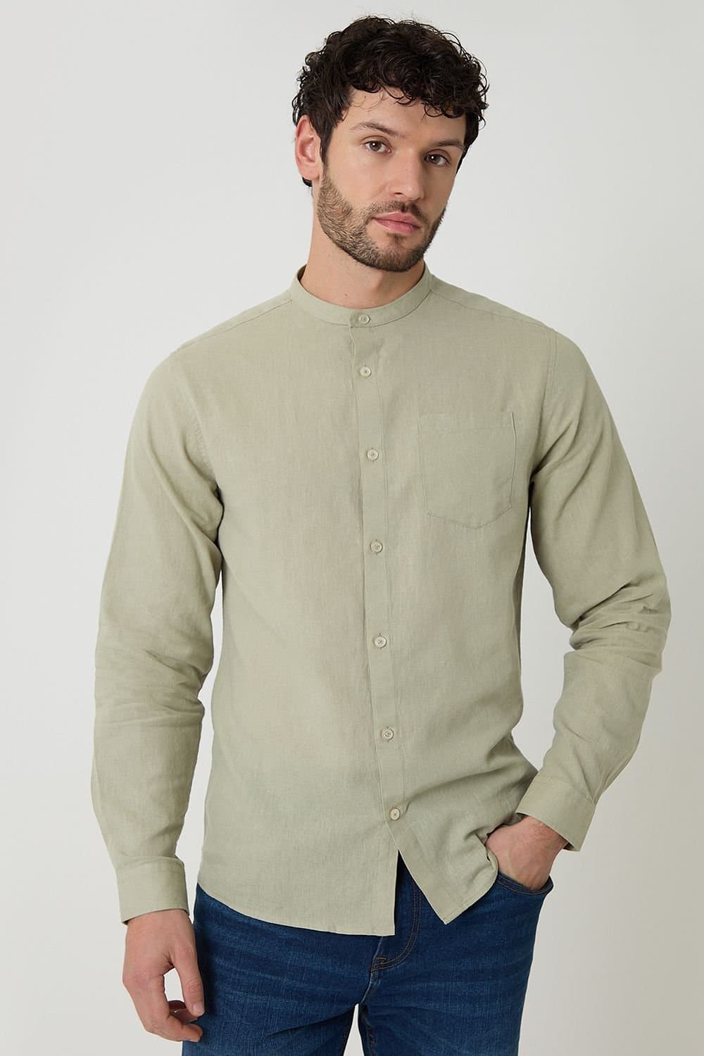 Threadbare threadbare Men's Linen Blend Long Sleeve Grandad Collar Shirt in Pale Green