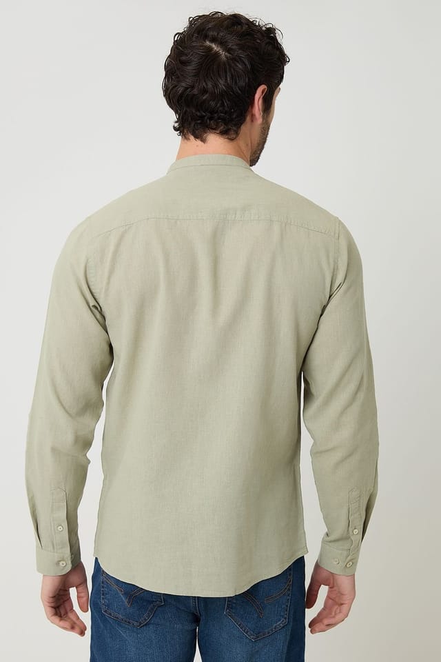 Threadbare threadbare Men's Linen Blend Long Sleeve Grandad Collar Shirt in Pale Green - 2