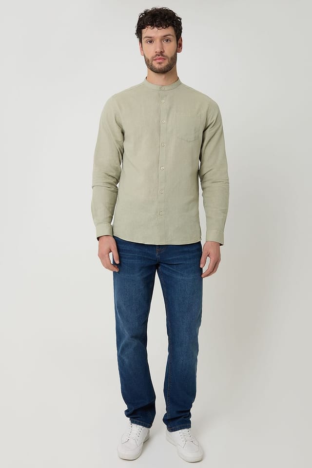 Threadbare threadbare Men's Linen Blend Long Sleeve Grandad Collar Shirt in Pale Green - 3