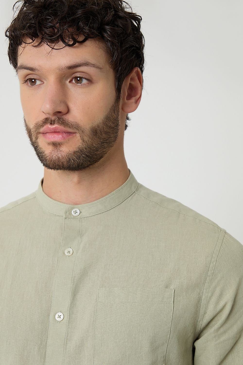 Threadbare threadbare Men's Linen Blend Long Sleeve Grandad Collar Shirt in Pale Green - 4