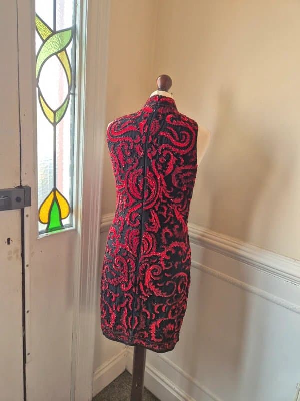 ASOS ASOS 10 red black sequin beaded mini dress 60s fitted party glam goth retro chinoiserie paisley