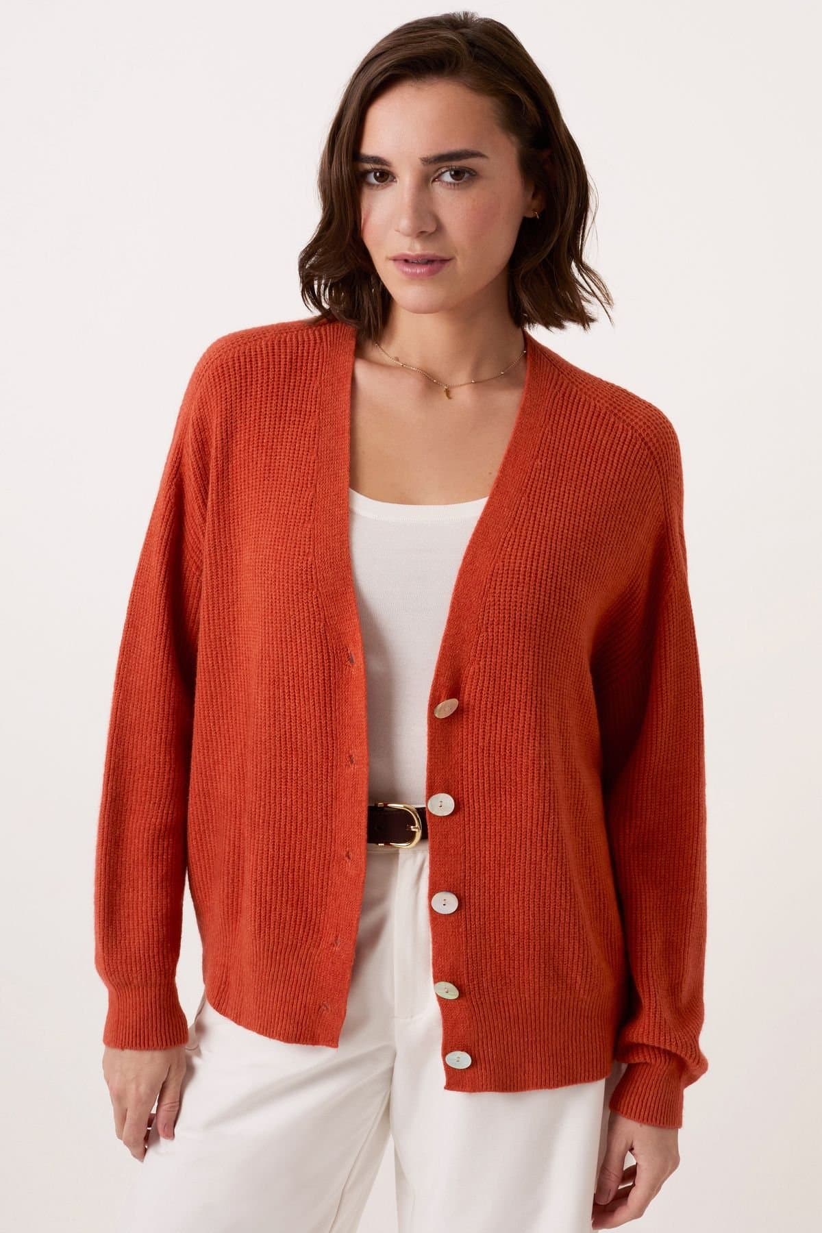 Celtic & Co Celtic & Co Women's Slouchy Ribbed V-Neck Cardigan in Burnt Orange