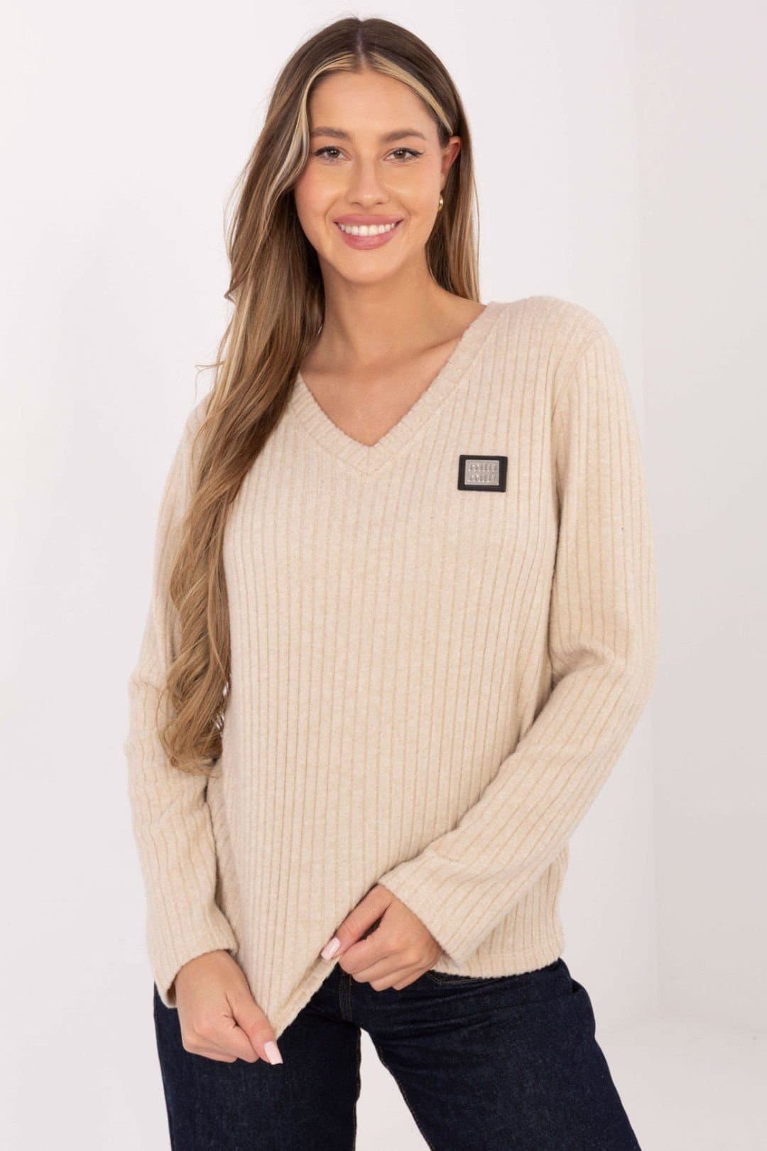 Love Lace Love Lace Women's Cotton Elastane V Neck Ribbed Sweater Patch in Beige