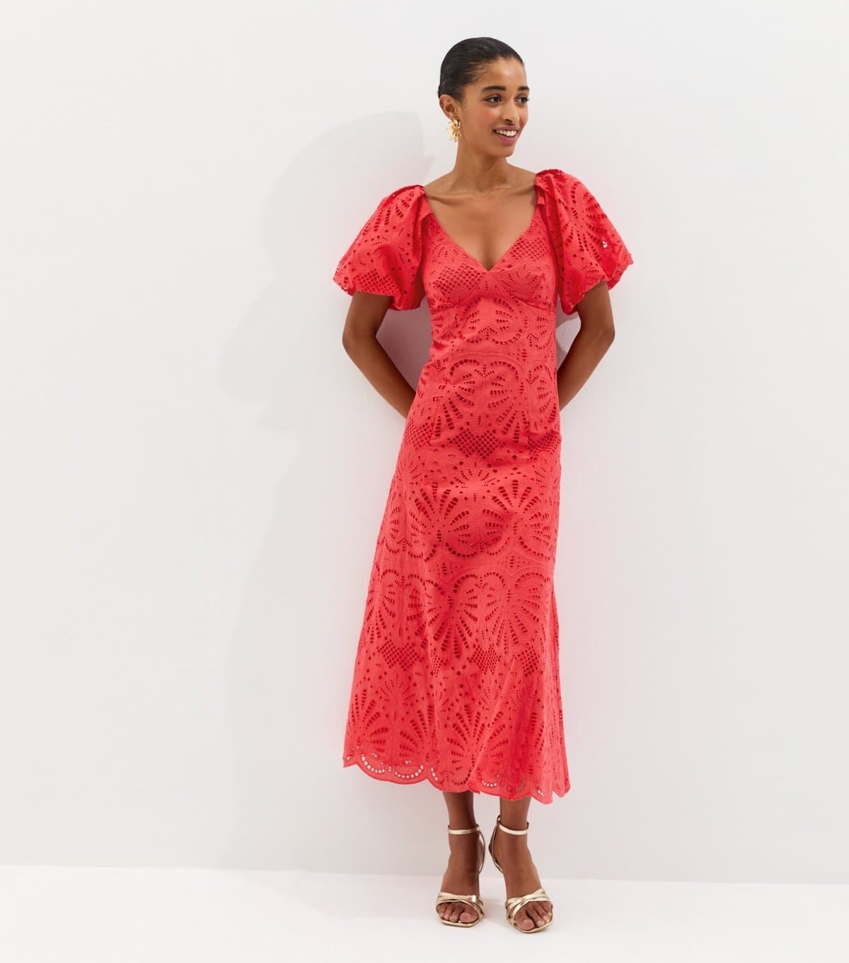 New Look Women's Dark Coral Cutwork Tie Back Midi Dress New Look