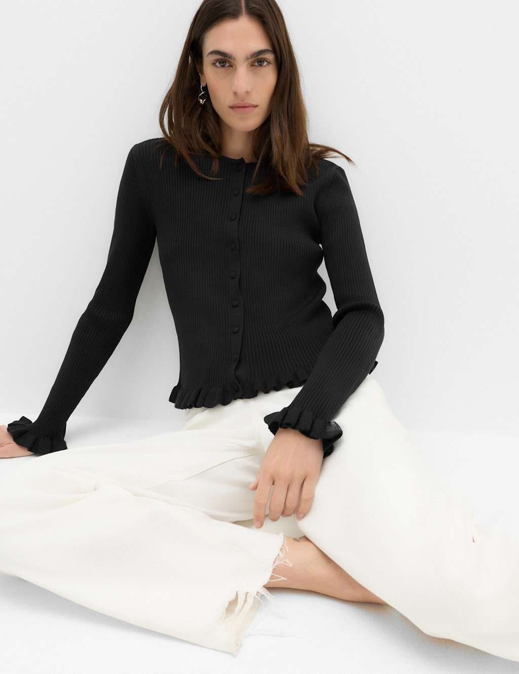Marks & Spencer M&S Ribbed Frill Detail Slim Fit Cardigan Black