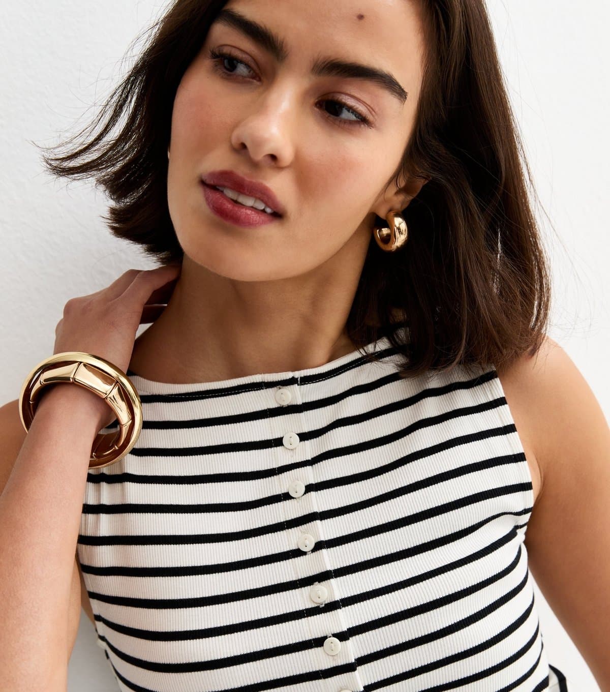 New Look Women's Black Striped Button Through Tank Top New Look