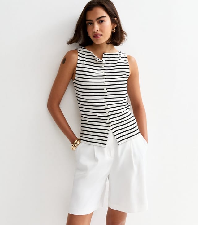 New Look Women's Black Striped Button Through Tank Top New Look - 2