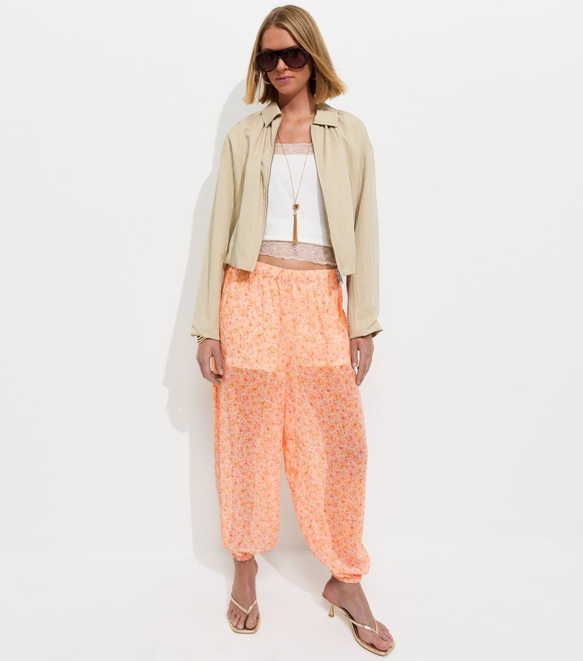New Look Women's Pink Ditsy Chiffon Cuffed Trousers New Look