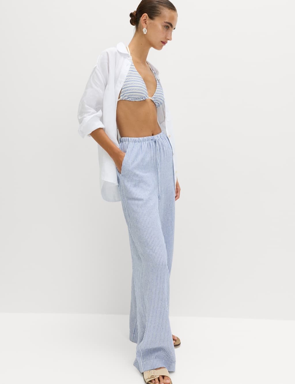 Marks & Spencer M&S Blue Mix Linen Blend Wide Leg Trousers