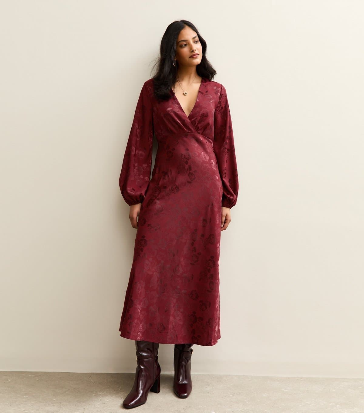 New Look Women's Dark Burgundy Floral Long Sleeve Midi Dress New Look