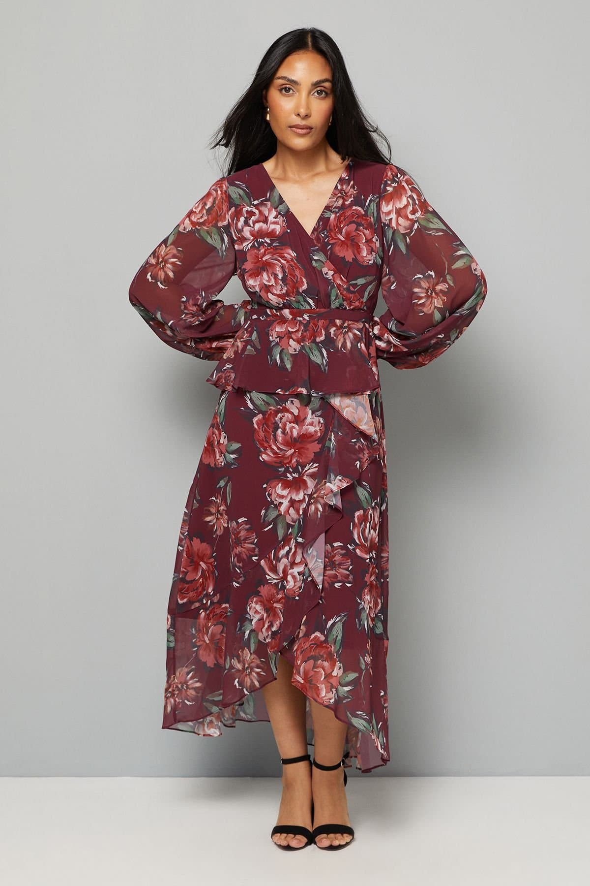 Wallis Wallis Women's Petite Floral Ruffle Peplum Midi Dress in Wine