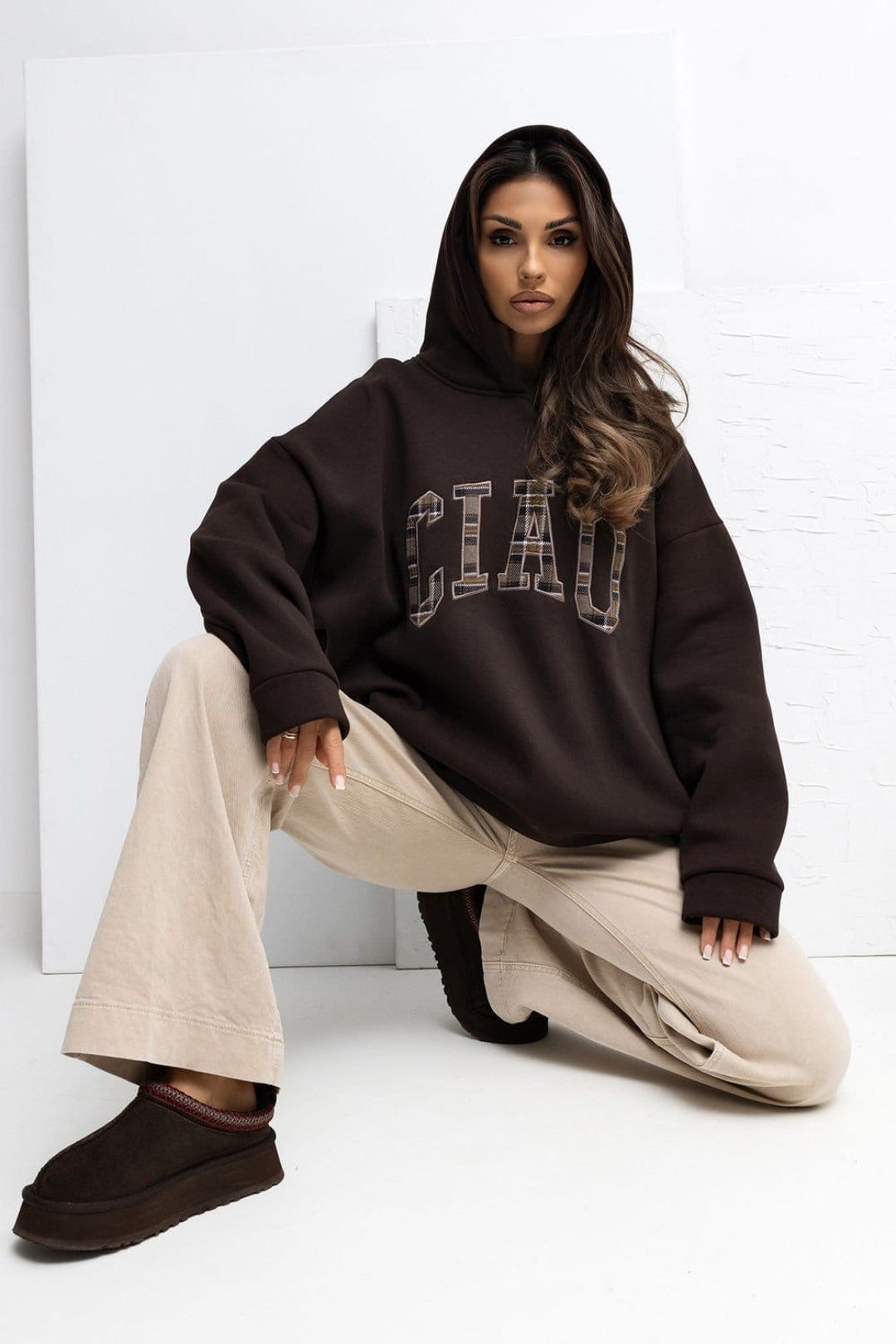 Love Lace Brown Embroidered Cotton Elastane Hoodie with Hood