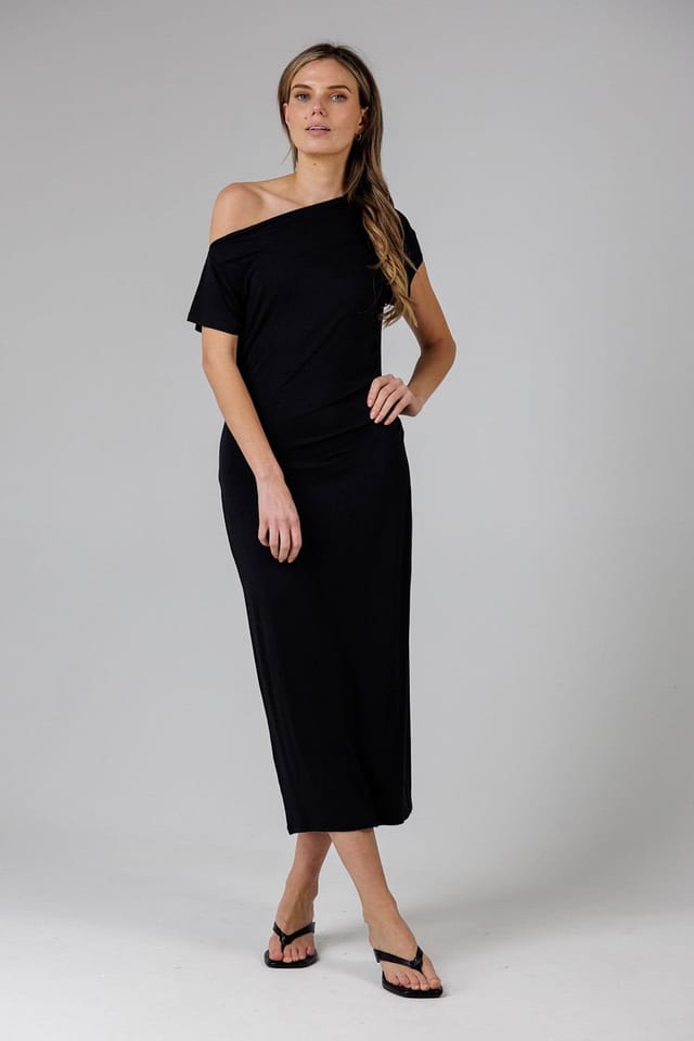 French Connection French Connection Women's Ruched Boat Neck Short Sleeve Midi Dress in Black - 3