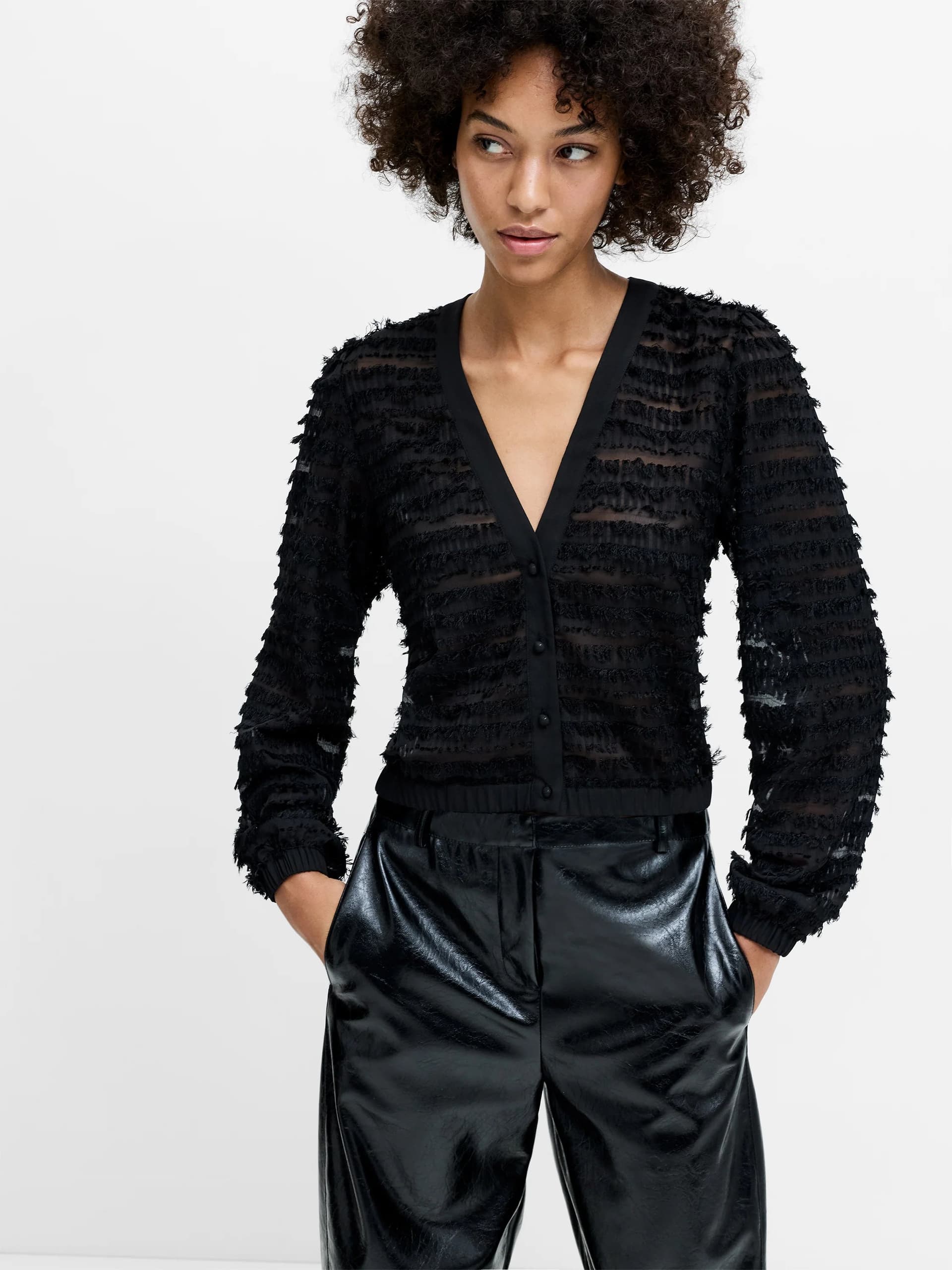 French Connection Alana Black Textured Chiffon Blouse Black