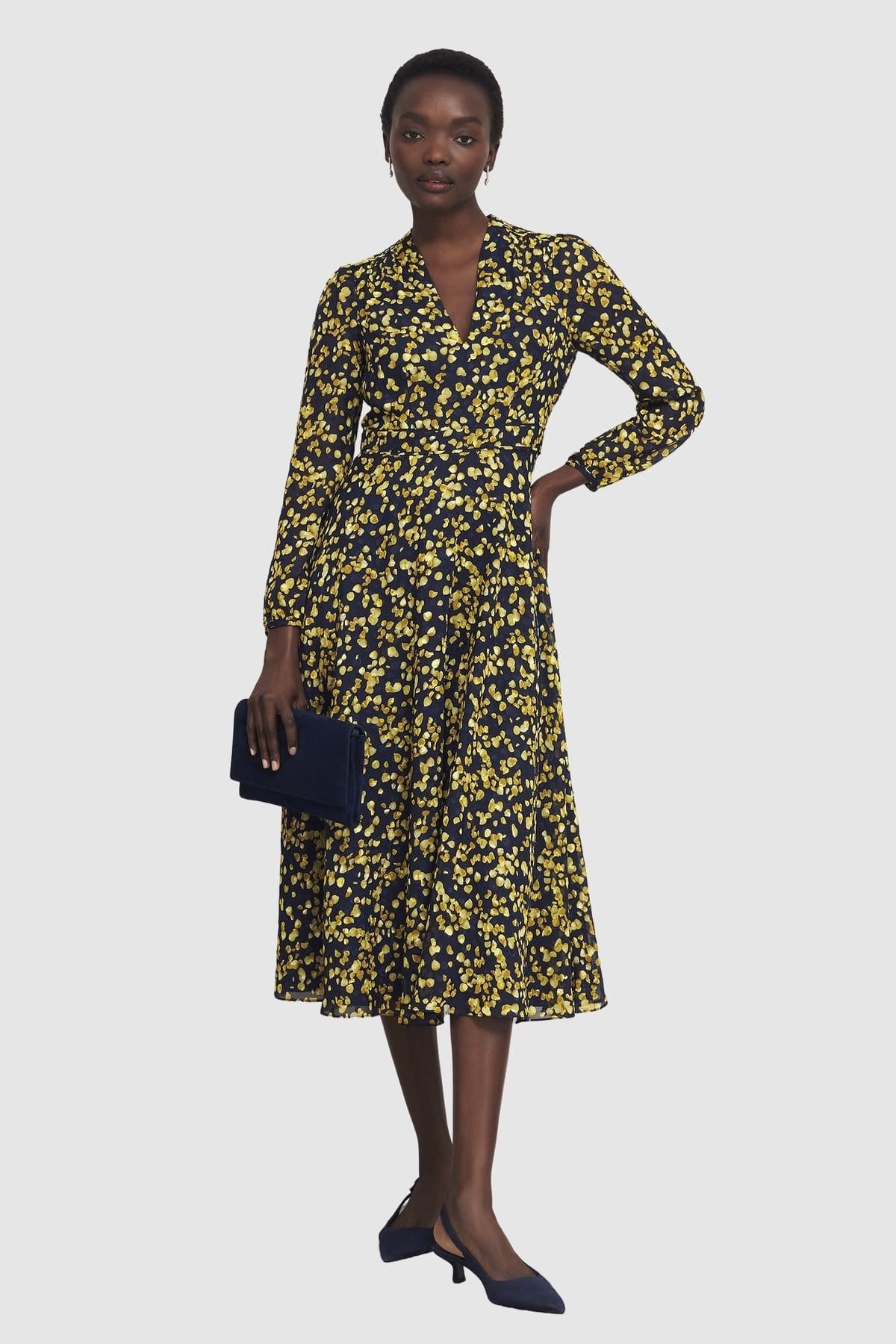 Hobbs London Floral Print V-Neck Midi Dress In Dark Navy