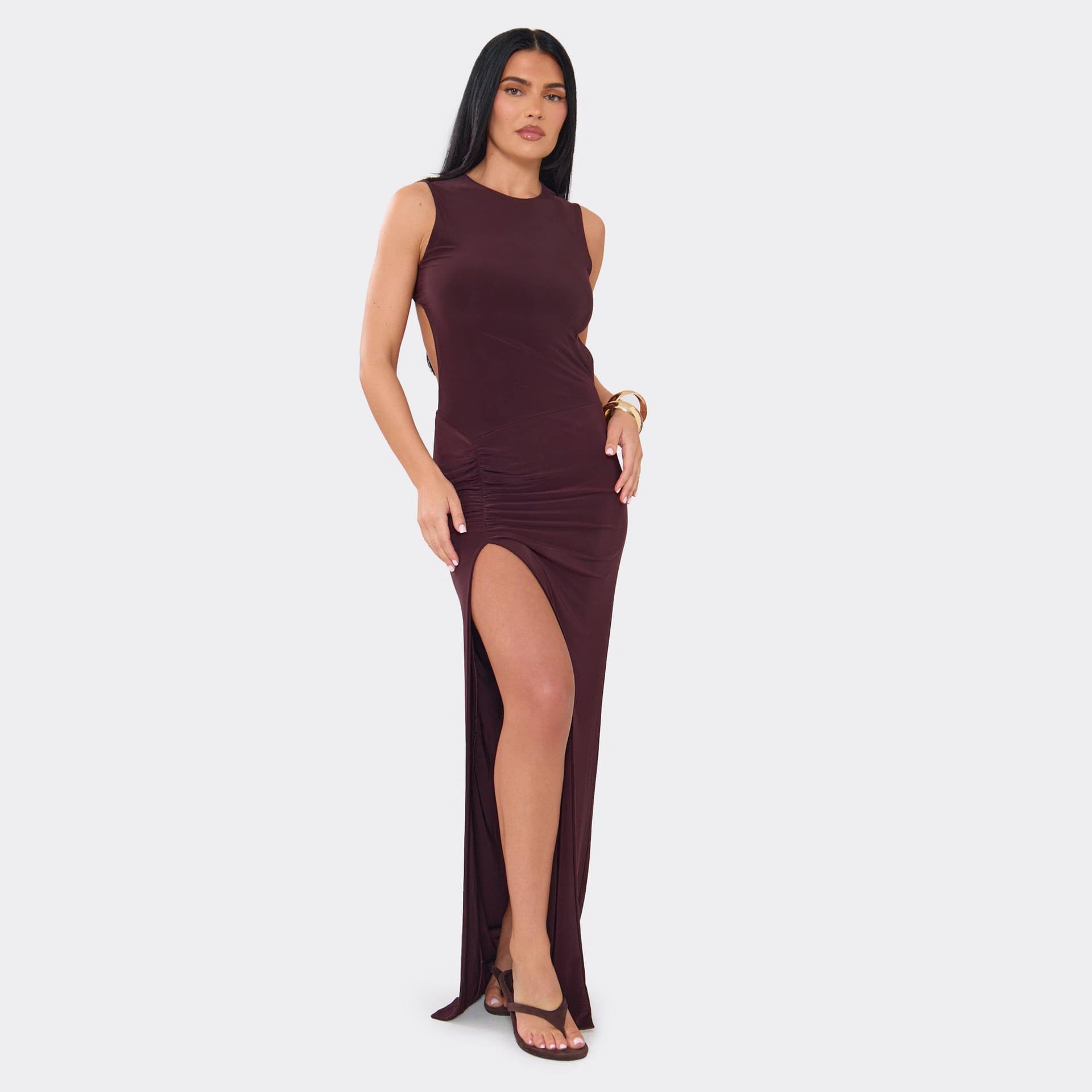 EGO Racer Neck Split Leg Open Back Ruched Maxi Dress In Chocolate Brown, Women's Size UK 6