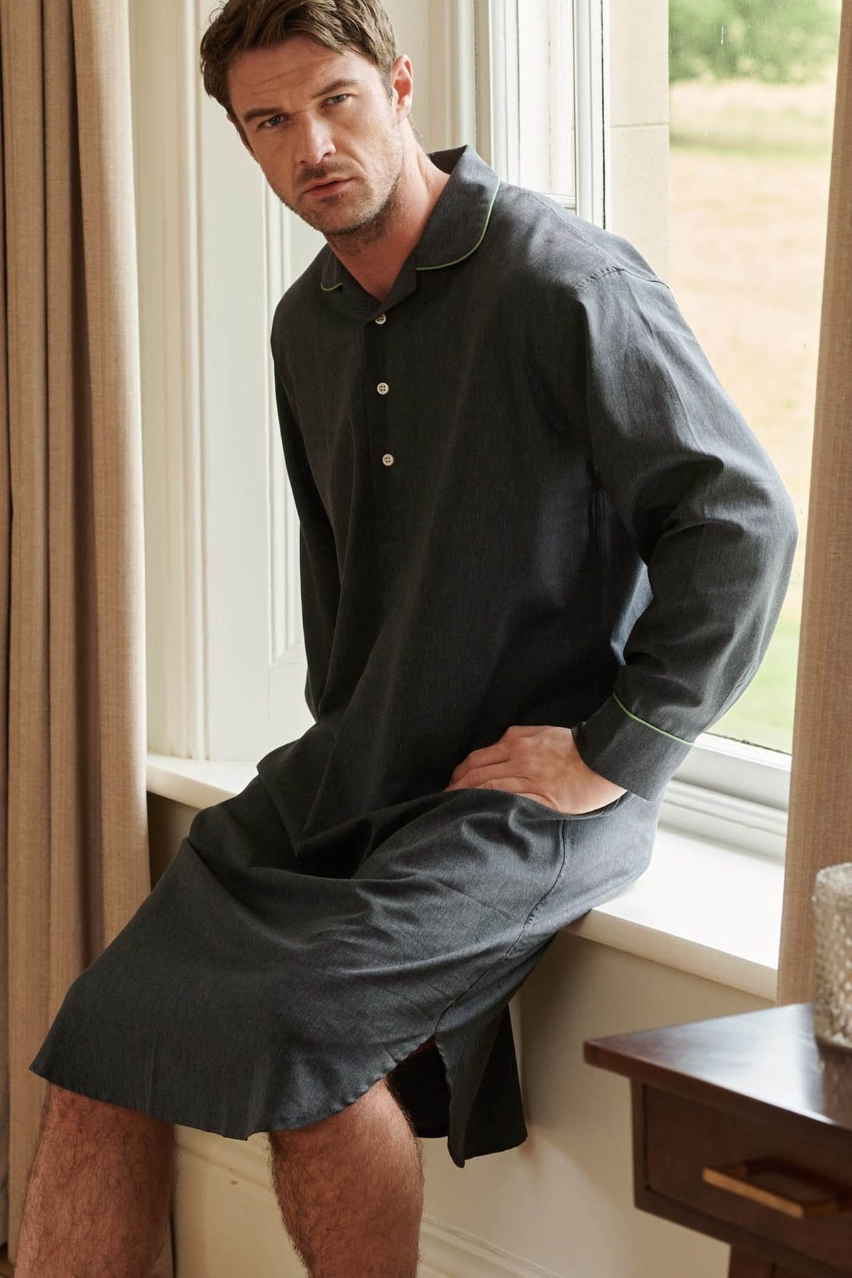 British Boxers British Boxers Men's "Slate" Cotton Twill Nightshirt in Dark Grey - 1