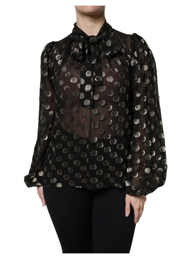 Dolce & Gabbana Dolce & Gabbana Women's Black Sheer Tied Neck Polka Dots Blouse Top in Gold - 2