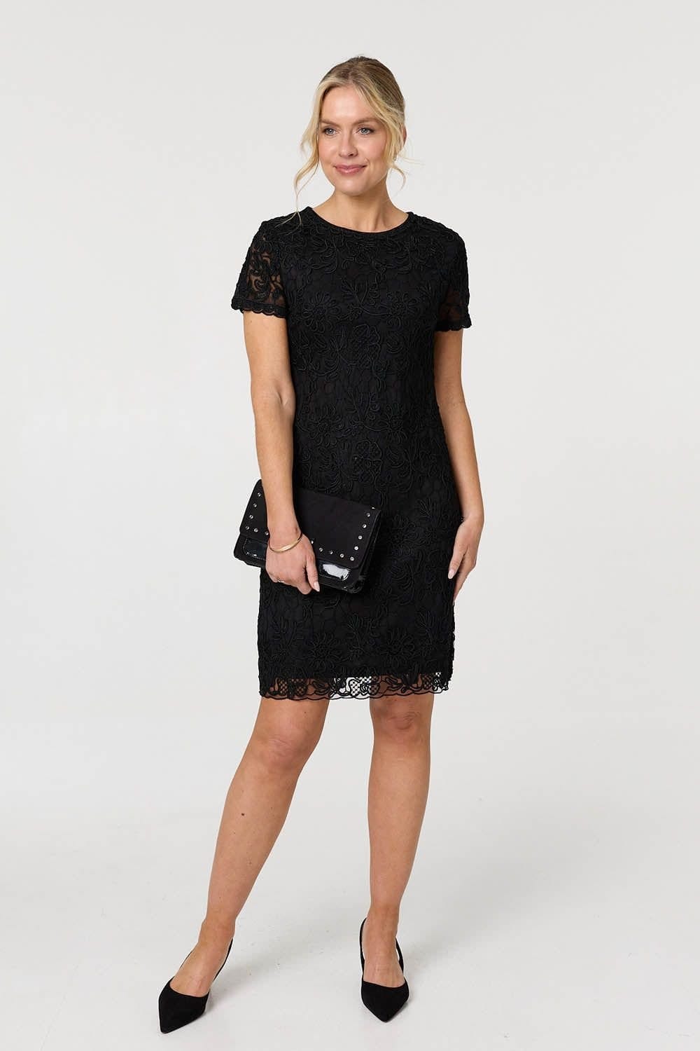 Izabel London Black Floral Lace Layer Knee Length Dress