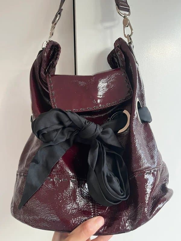 Jaeger Vintage Jaeger Plum Patent Leather Eyelet Bucket Bag
