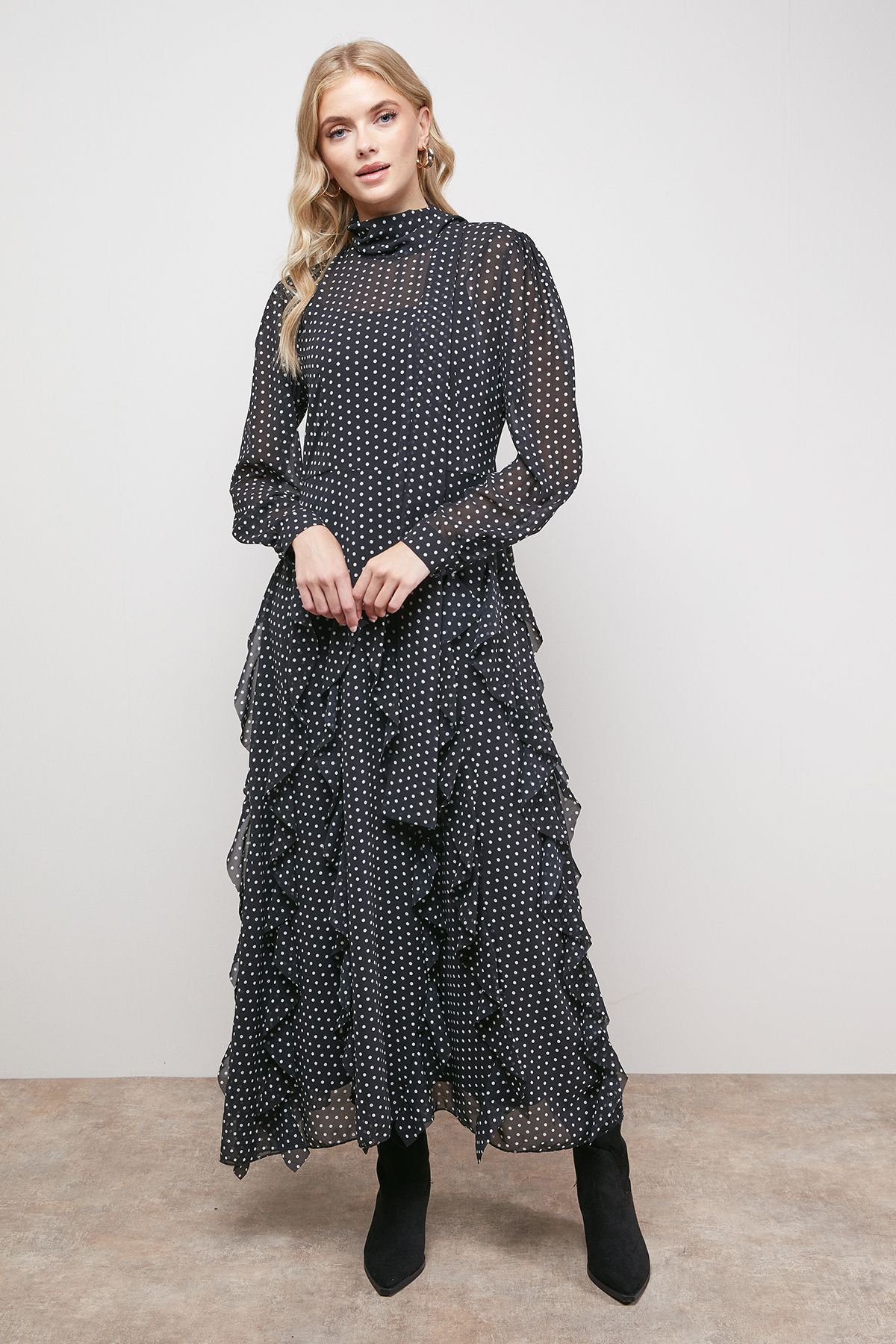 Oasis Oasis Women's Printed Frill Detail Tie Neck Midaxi Dress in Black - 3