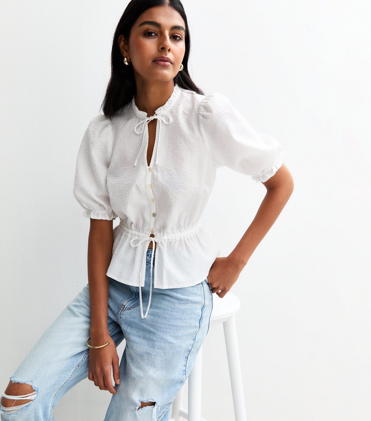 New Look Women's Cream Crinkled Tie Neck Top New Look - 1