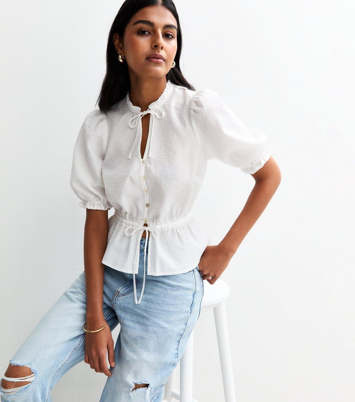 New Look Women's Cream Crinkled Tie Neck Top New Look