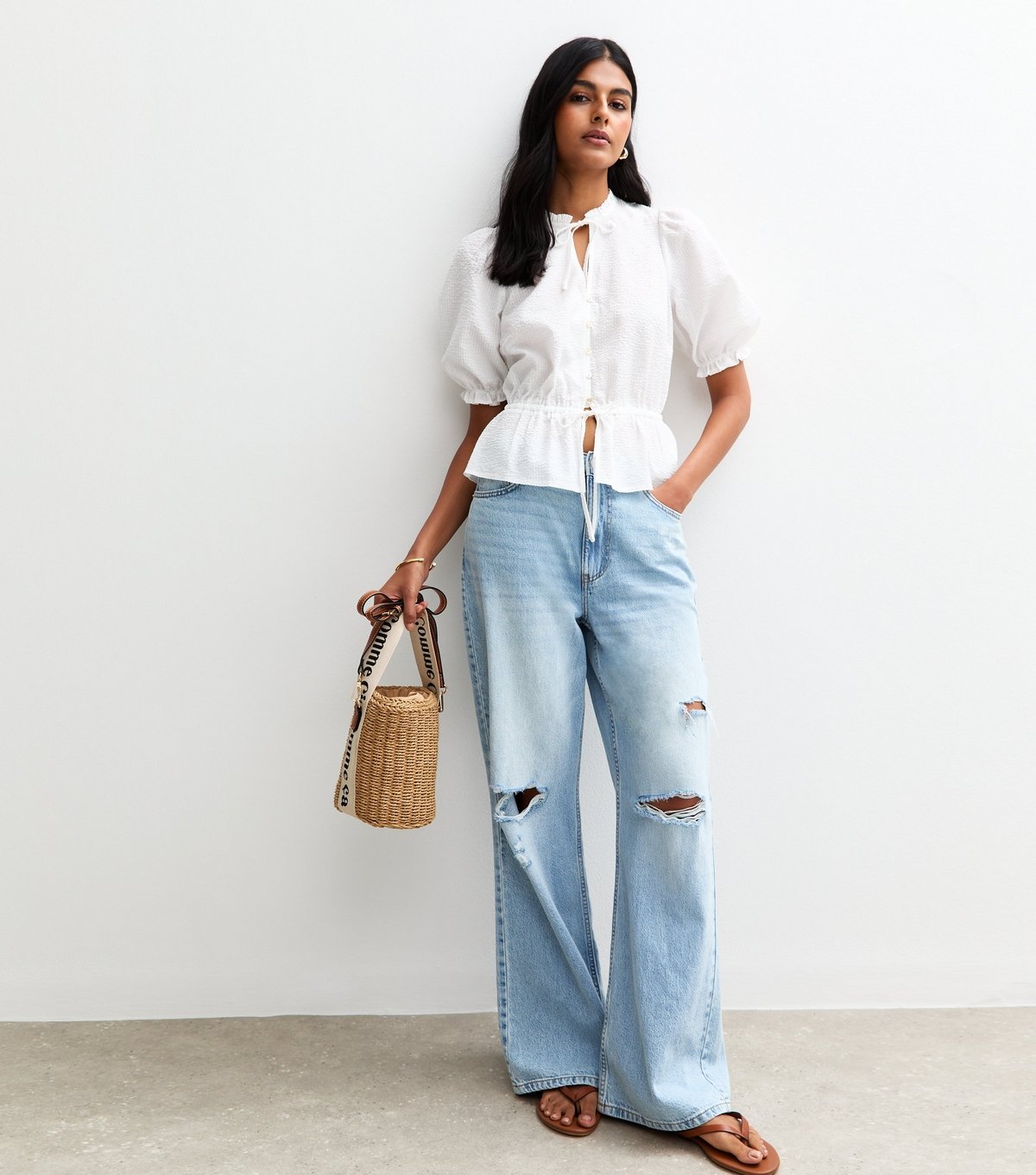 New Look Women's Cream Crinkled Tie Neck Top New Look - 3