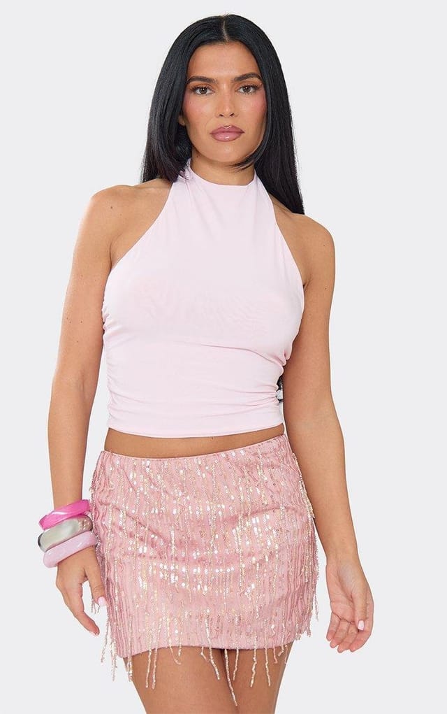 EGO Mid Rise Tassel Mini Skirt In Pink Sequin, Women's Size UK 6 - 2