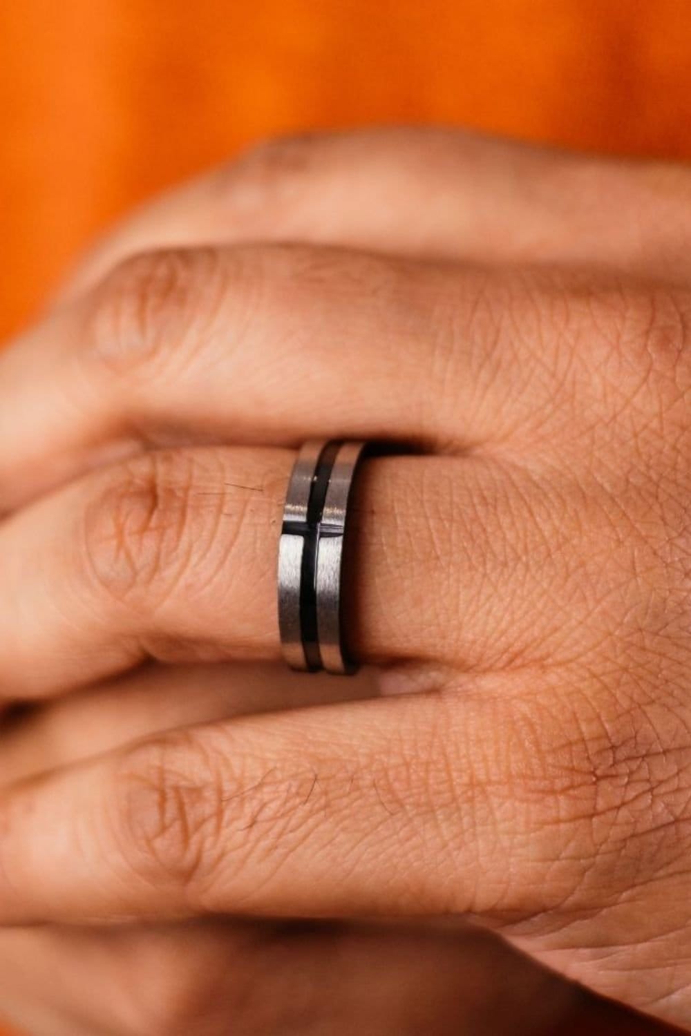The Colourful Aura The Colourful Aura Men's 8mm Stainless Steel Black Cross Thumb Unisex Wedding Band Ring in Silver - 1