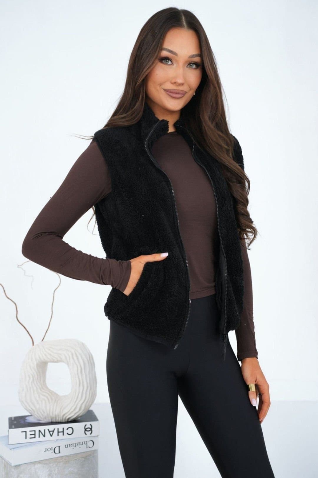 Love Lace Love Lace Women's Soft Fuzzy Polyester Stand Collar Zipper Vest in Black