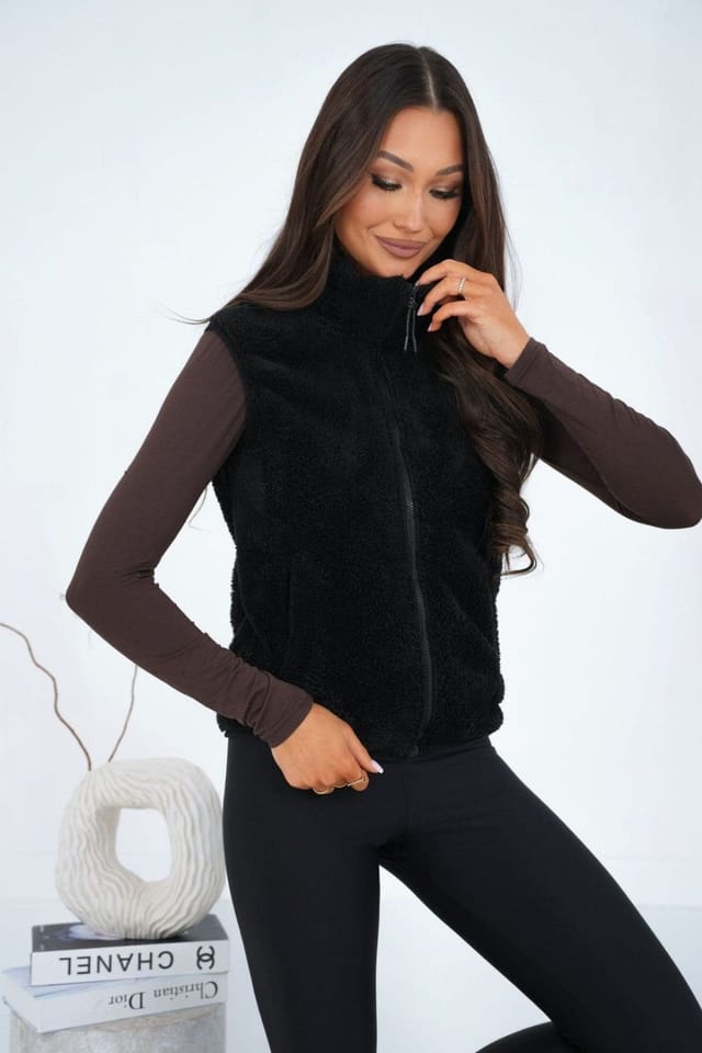 Love Lace Love Lace Women's Soft Fuzzy Polyester Stand Collar Zipper Vest in Black - 3
