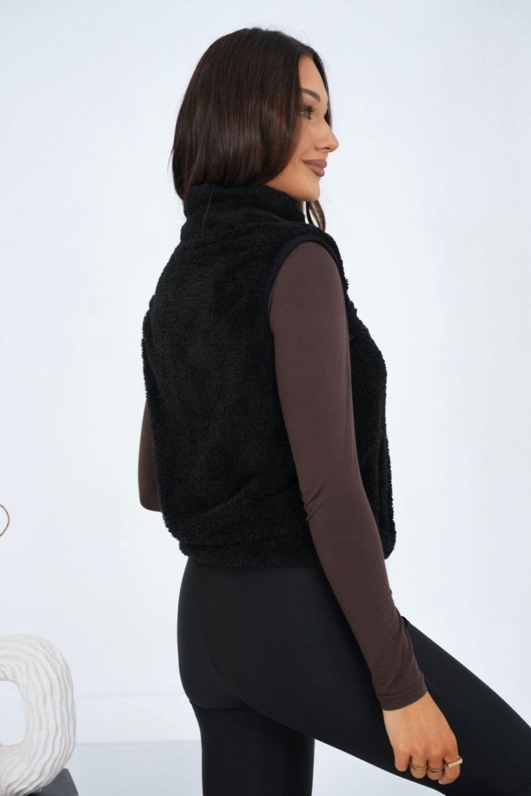 Love Lace Love Lace Women's Soft Fuzzy Polyester Stand Collar Zipper Vest in Black - 4