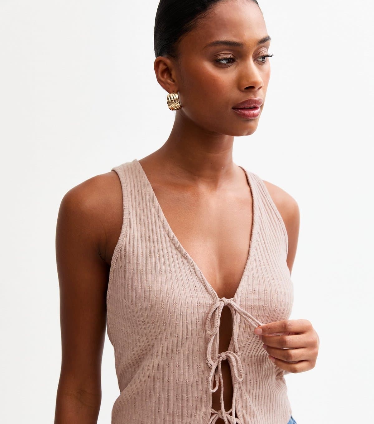 New Look Women's Mink Ribbed Pointelle Effect Tie Front Vest New Look