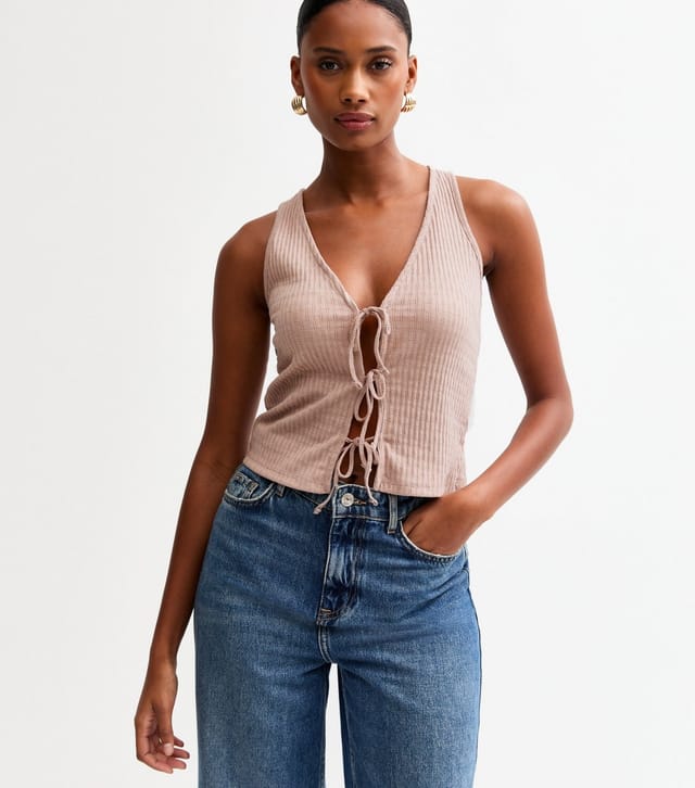 New Look Women's Mink Ribbed Pointelle Effect Tie Front Vest New Look - 2