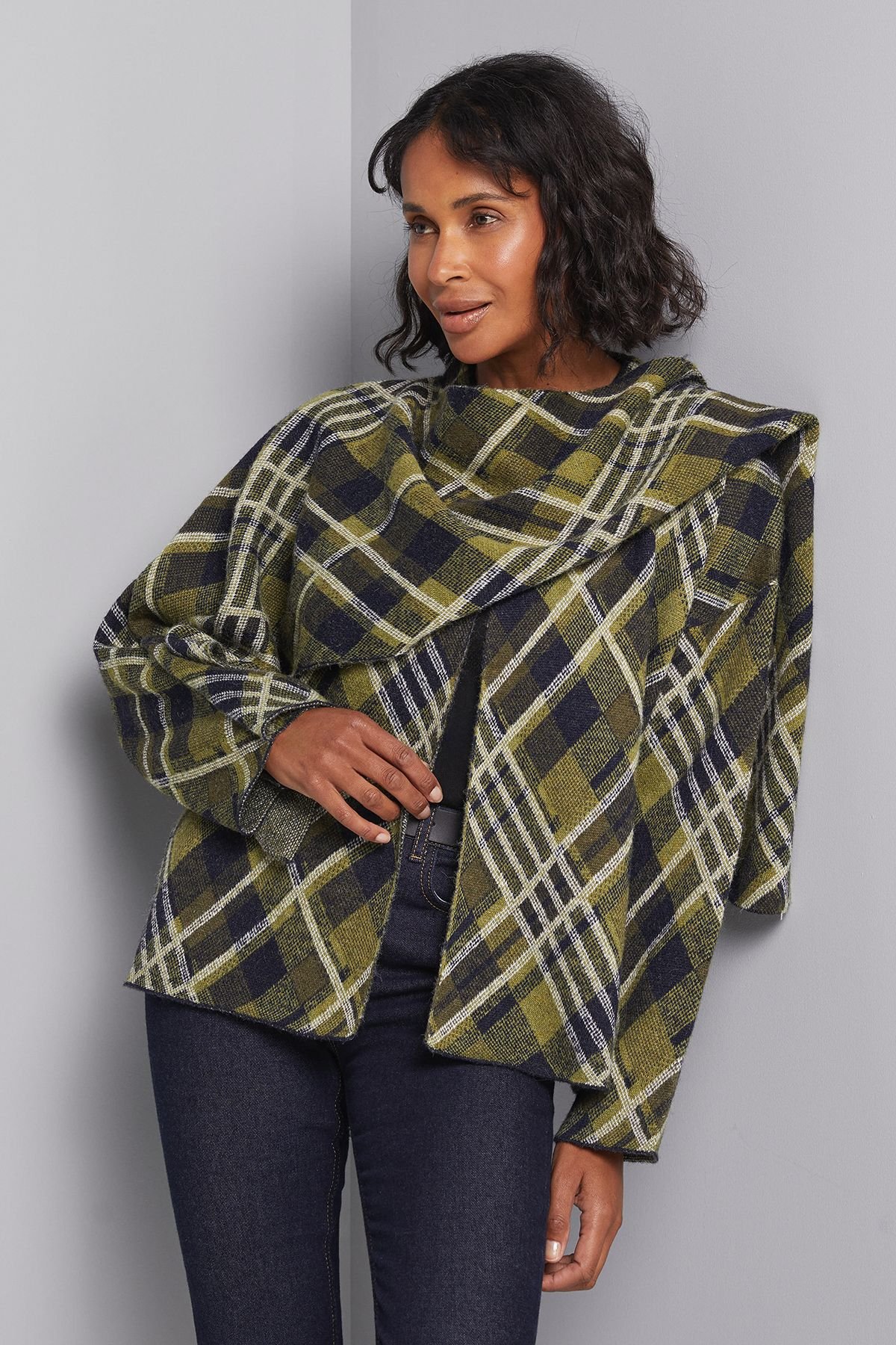 Wallis Wallis Women's Tartan Scarf Cape Cardigan in Green - 1