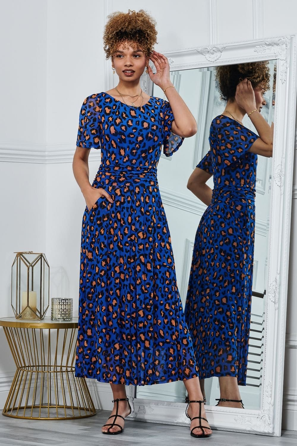 Jolie Moi Blue Leopard Print Mesh Maxi Dress