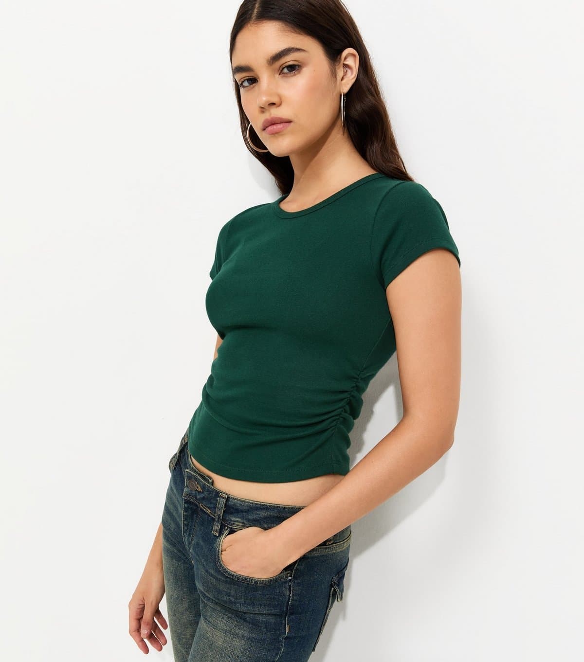 New Look New Look Dark Green Cotton-Rich Ruched Side Baby Tee T-Shirt