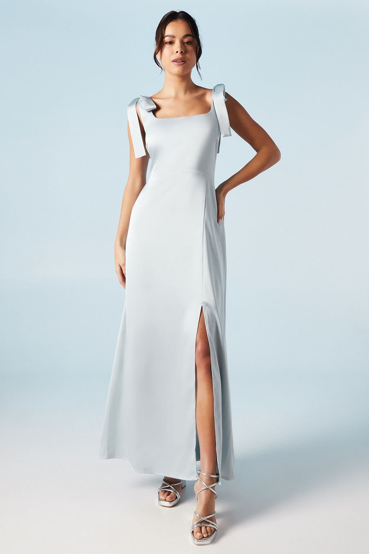 Oasis Oasis Women's Petite Satin Tie Shoulder Midi Bridesmaid Dress in Light Blue