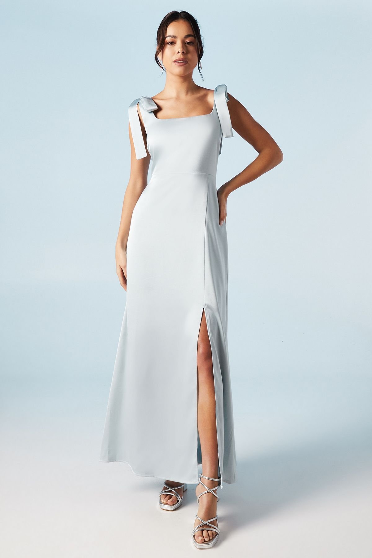 Oasis Oasis Women's Petite Satin Tie Shoulder Midi Bridesmaid Dress in Light Blue - 2