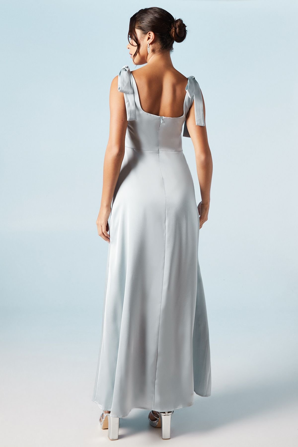 Oasis Oasis Women's Petite Satin Tie Shoulder Midi Bridesmaid Dress in Light Blue - 3