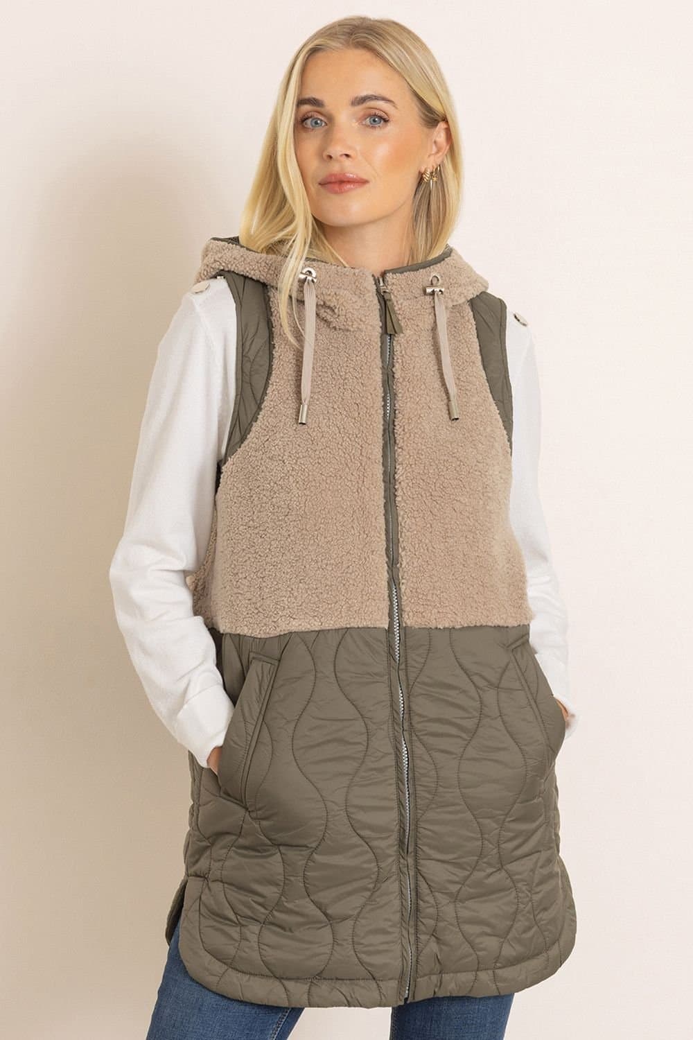 klass Klass. Women's Teddy Borg & Padded Hooded Gilet in Beige